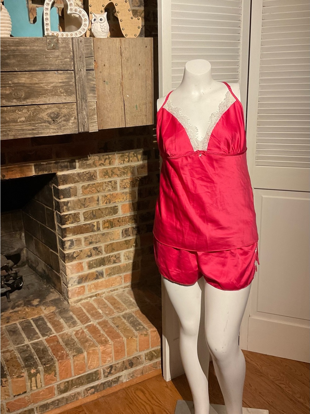 Linea Donatella Pink Satin Lace-Trim Cami & Shorts pajama set size XL